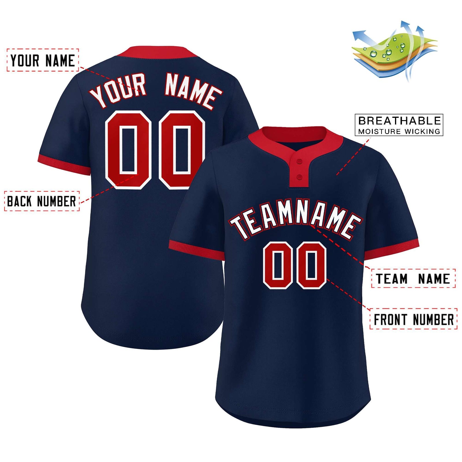 Custom Navy White-Red Classic Style Authentic Two-Button Softball Jersey