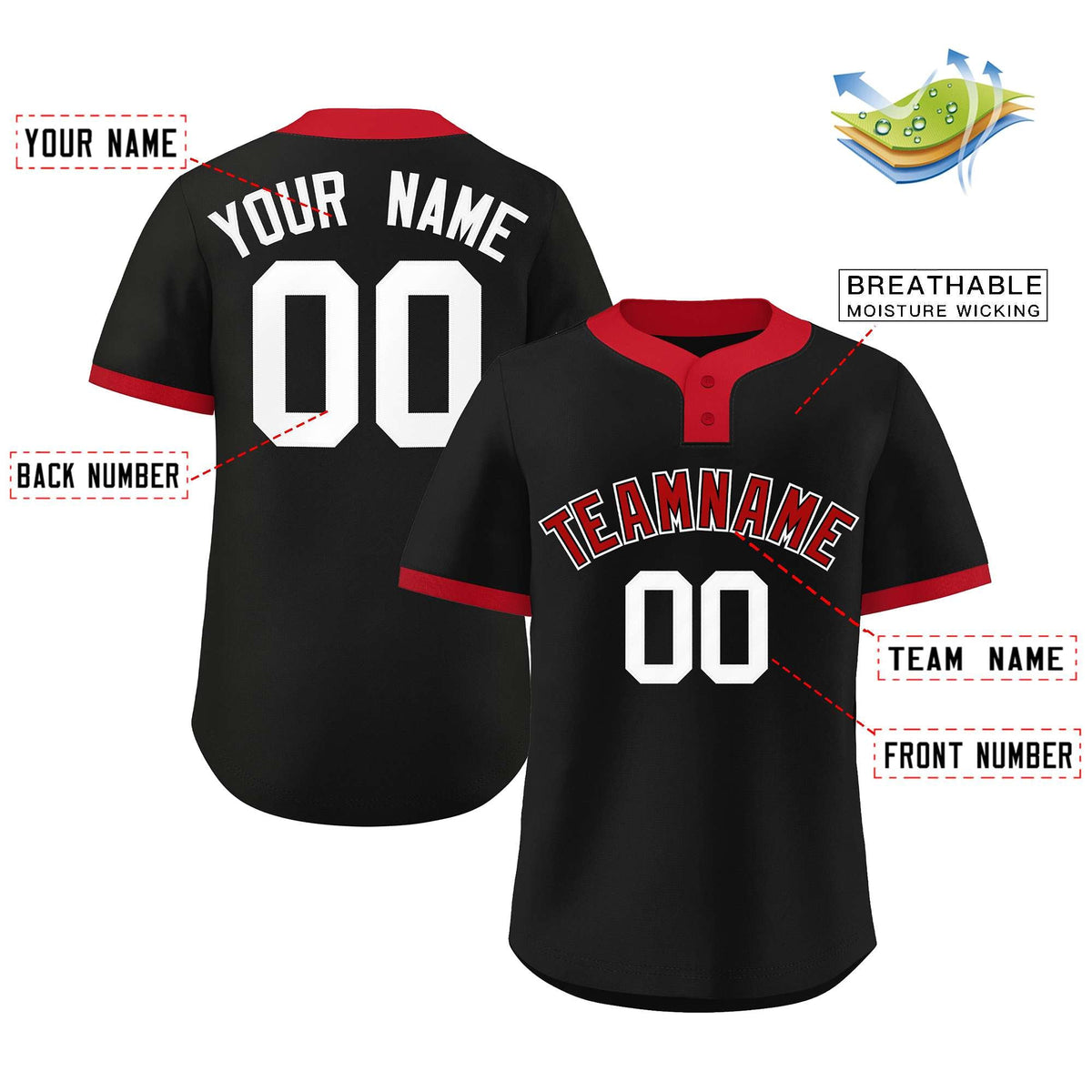 Custom Black Red-White Classic Style Authentic Two-Button Softball Jersey