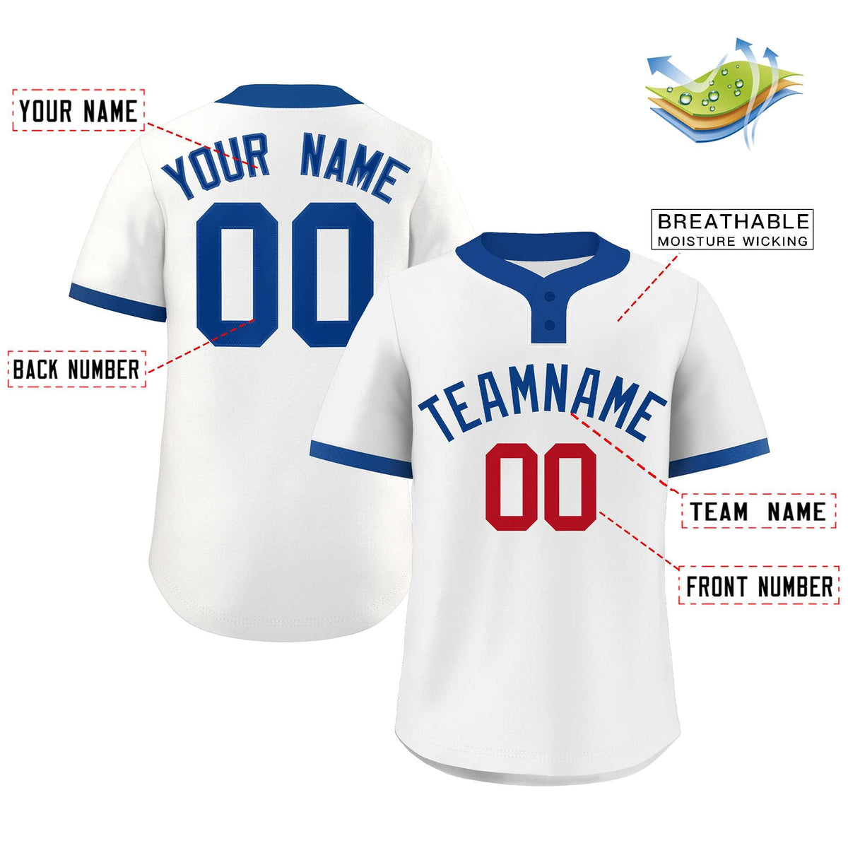 Custom White Royal-Red Classic Style Authentic Two-Button Softball Jersey
