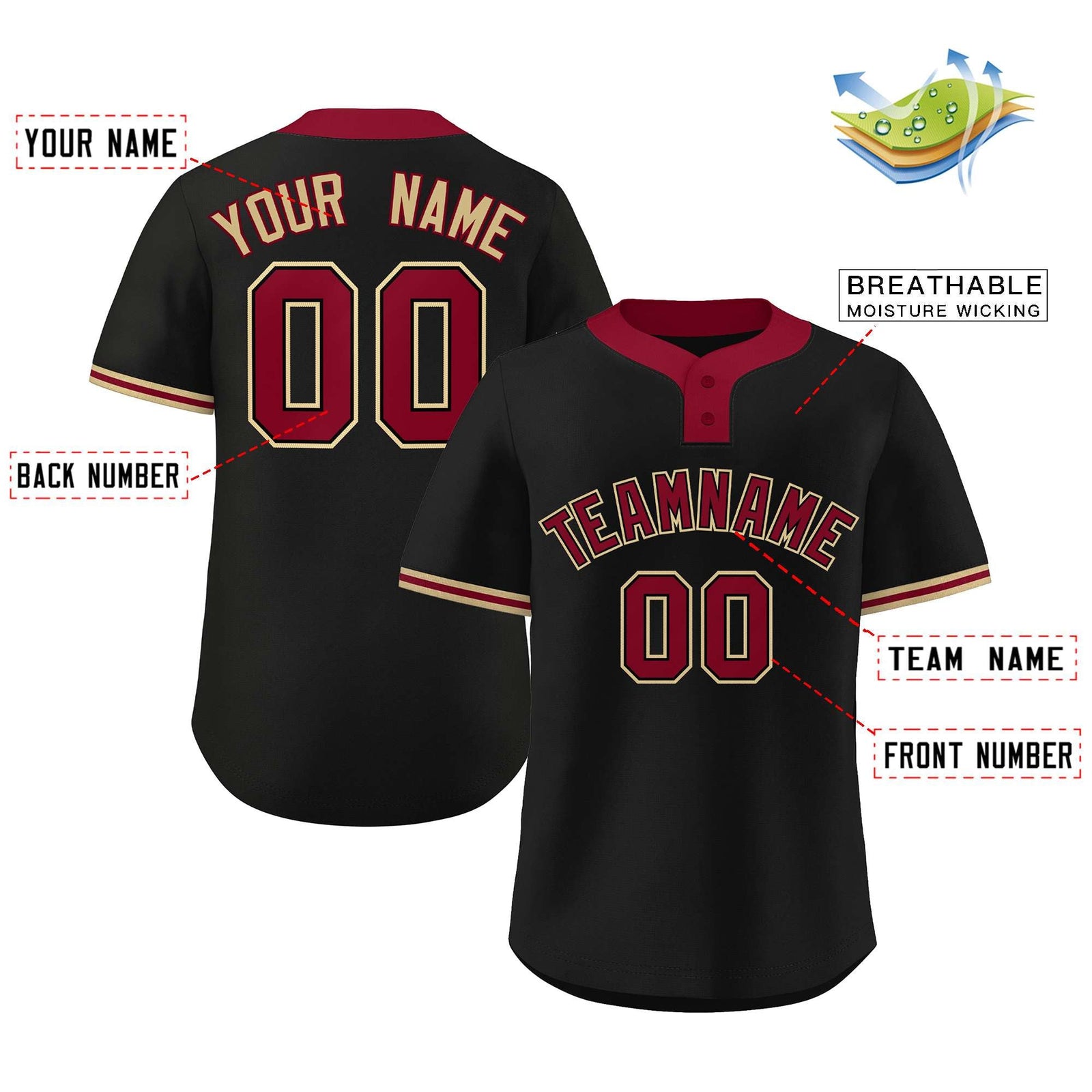 Custom Black Crimson-Old Gold Classic Style Authentic Two-Button Softball Jersey
