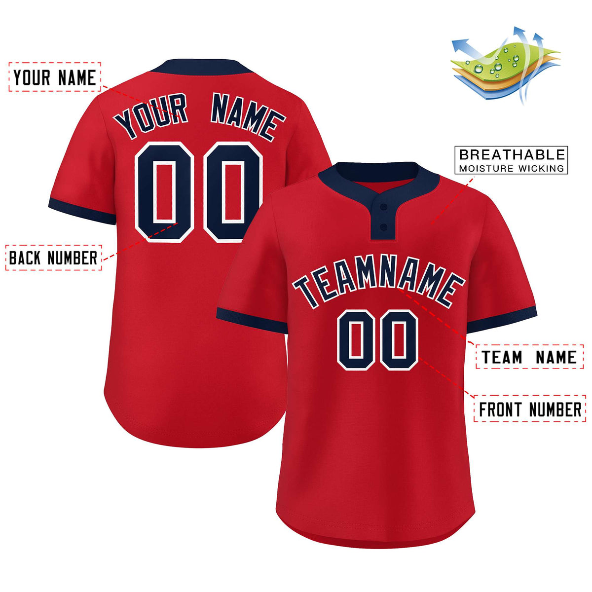 Custom Red Navy-White Classic Style Authentic Two-Button Softball Jersey