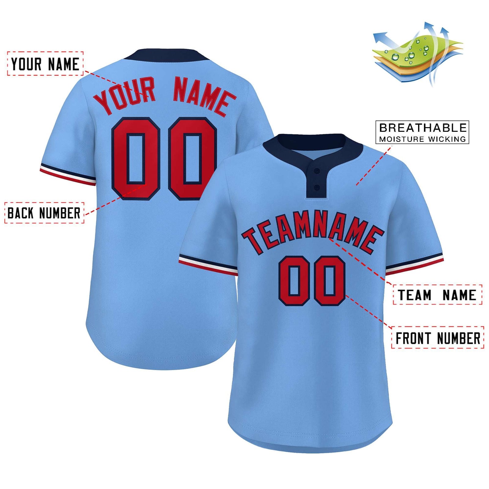 Custom Light Blue Red-Navy Classic Style Authentic Two-Button Softball Jersey