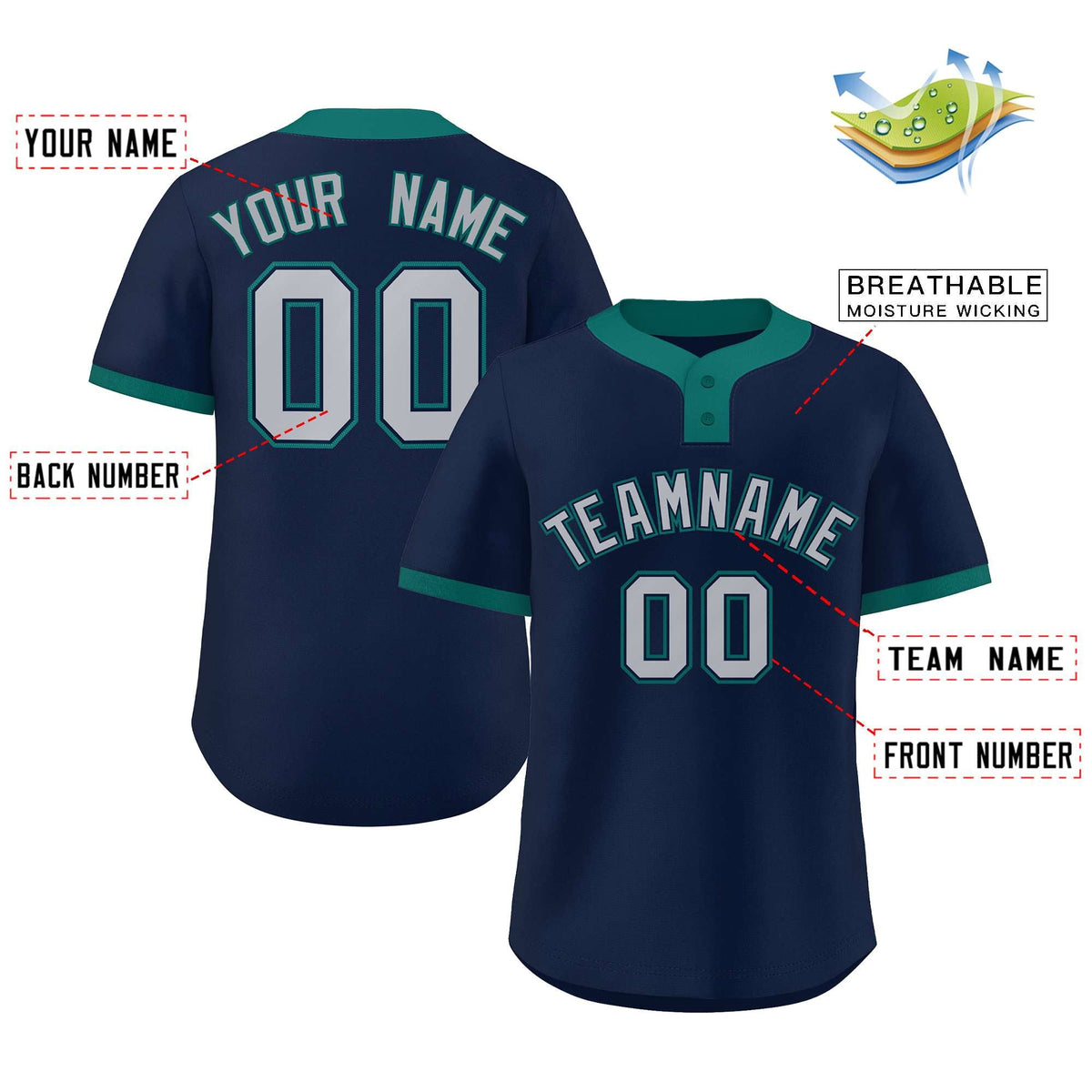 Custom Navy Gray-Aqua Classic Style Authentic Two-Button Softball Jersey