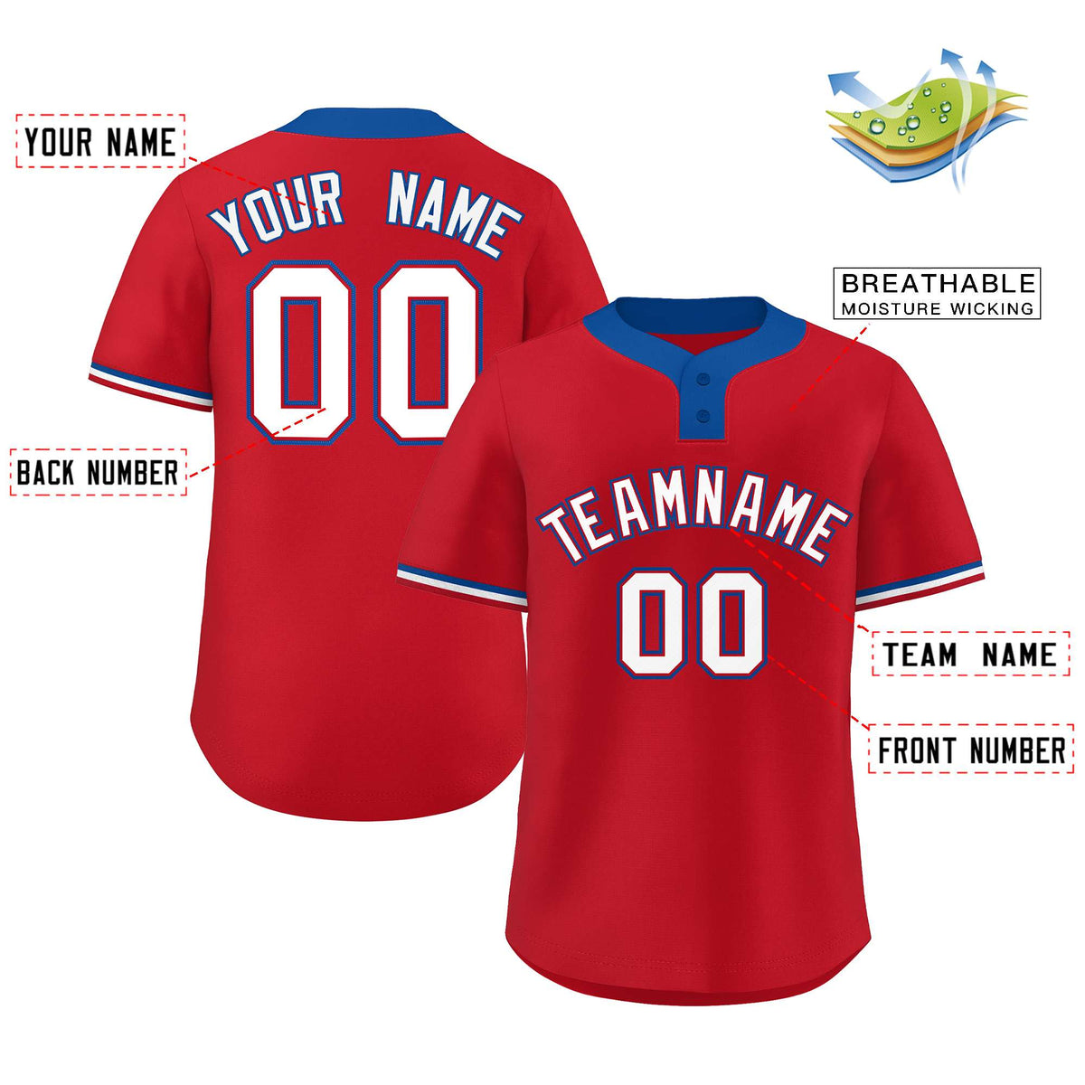 Custom Red White-Royal Classic Style Authentic Two-Button Softball Jersey