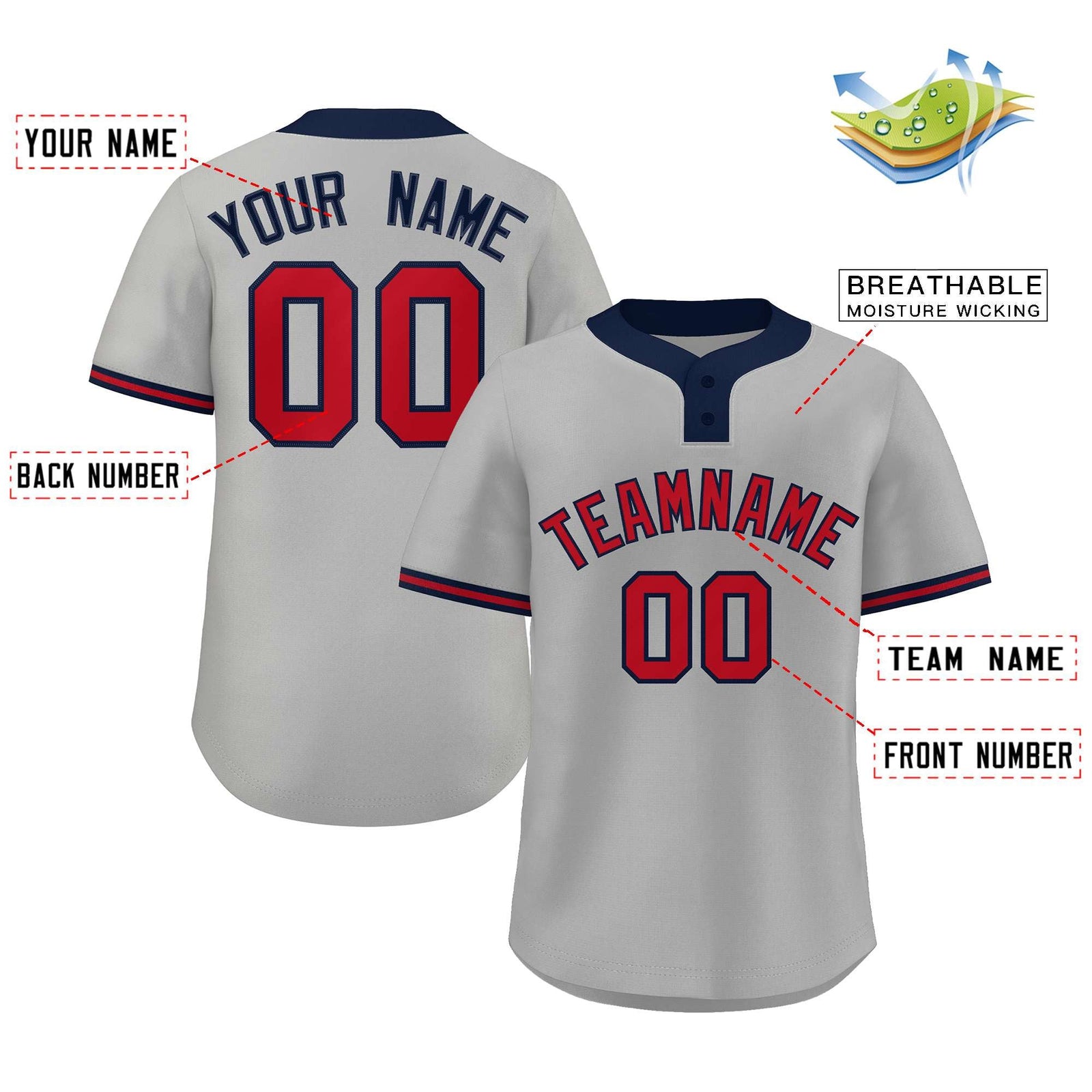 Custom Gray Red-Navy Classic Style Authentic Two-Button Softball Jersey