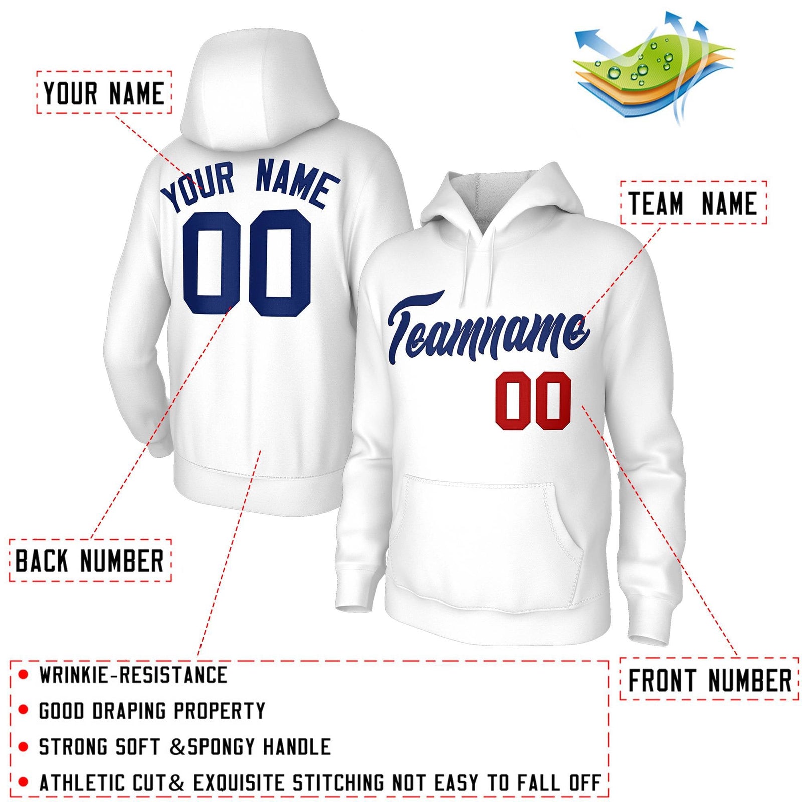 Custom Stitched White Royal Classic Style Sweatshirt Pullover Hoodie