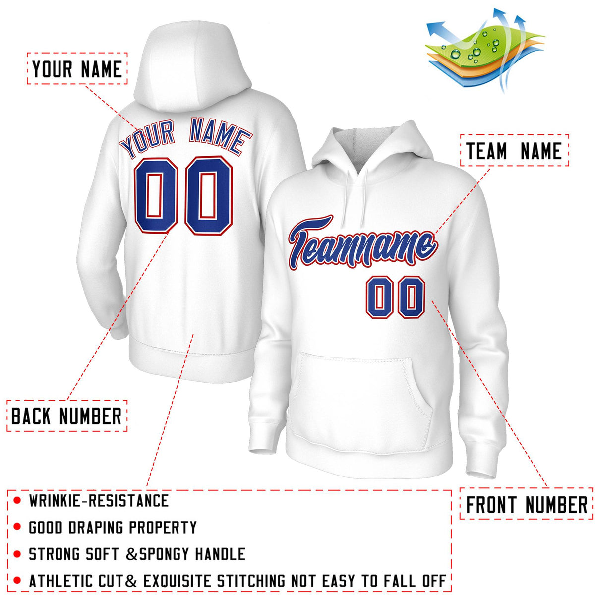 Custom Stitched White Royal-White Classic Style Sweatshirt Pullover Hoodie