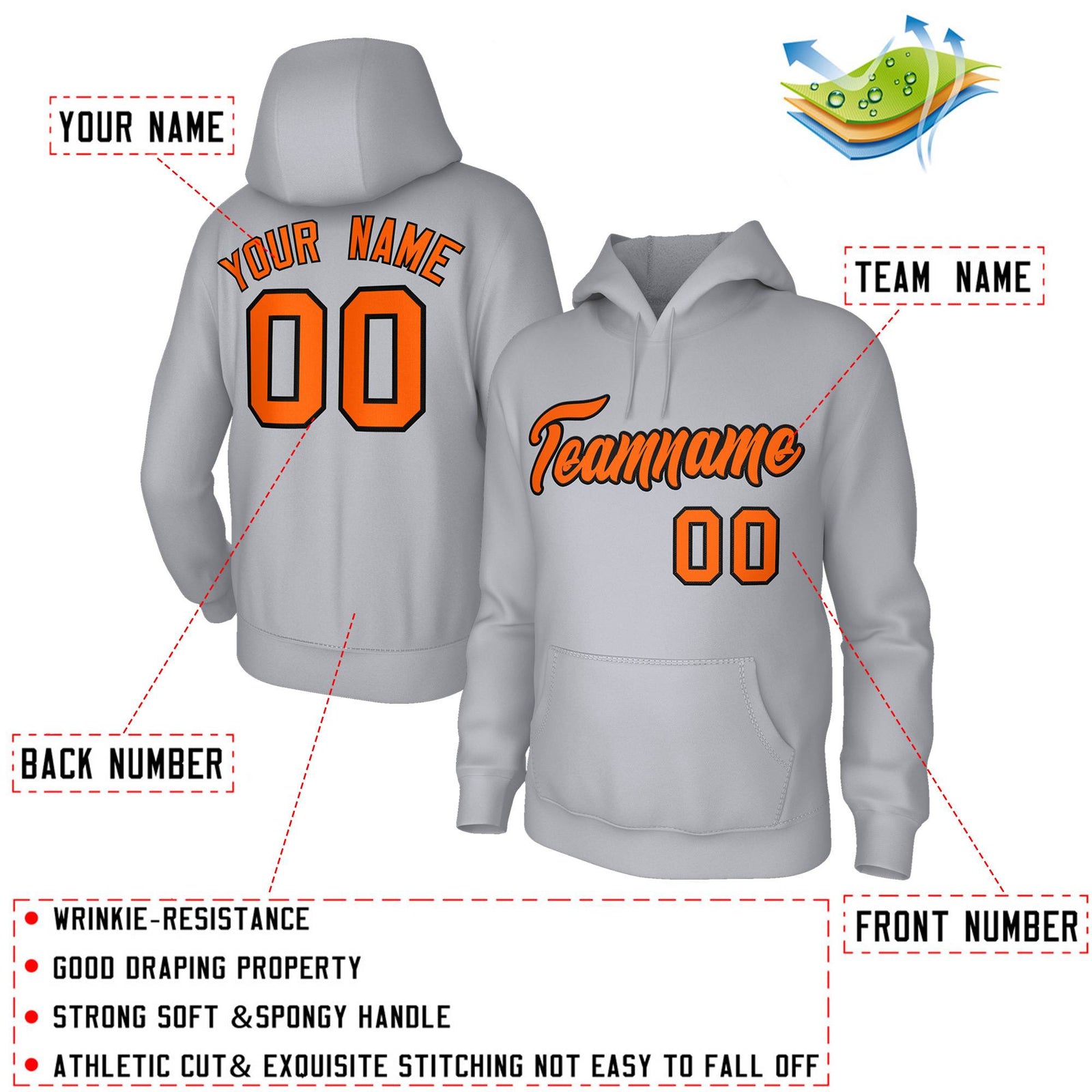 Custom Stitched Gray Orange-Black Classic Style Sweatshirt Pullover Hoodie
