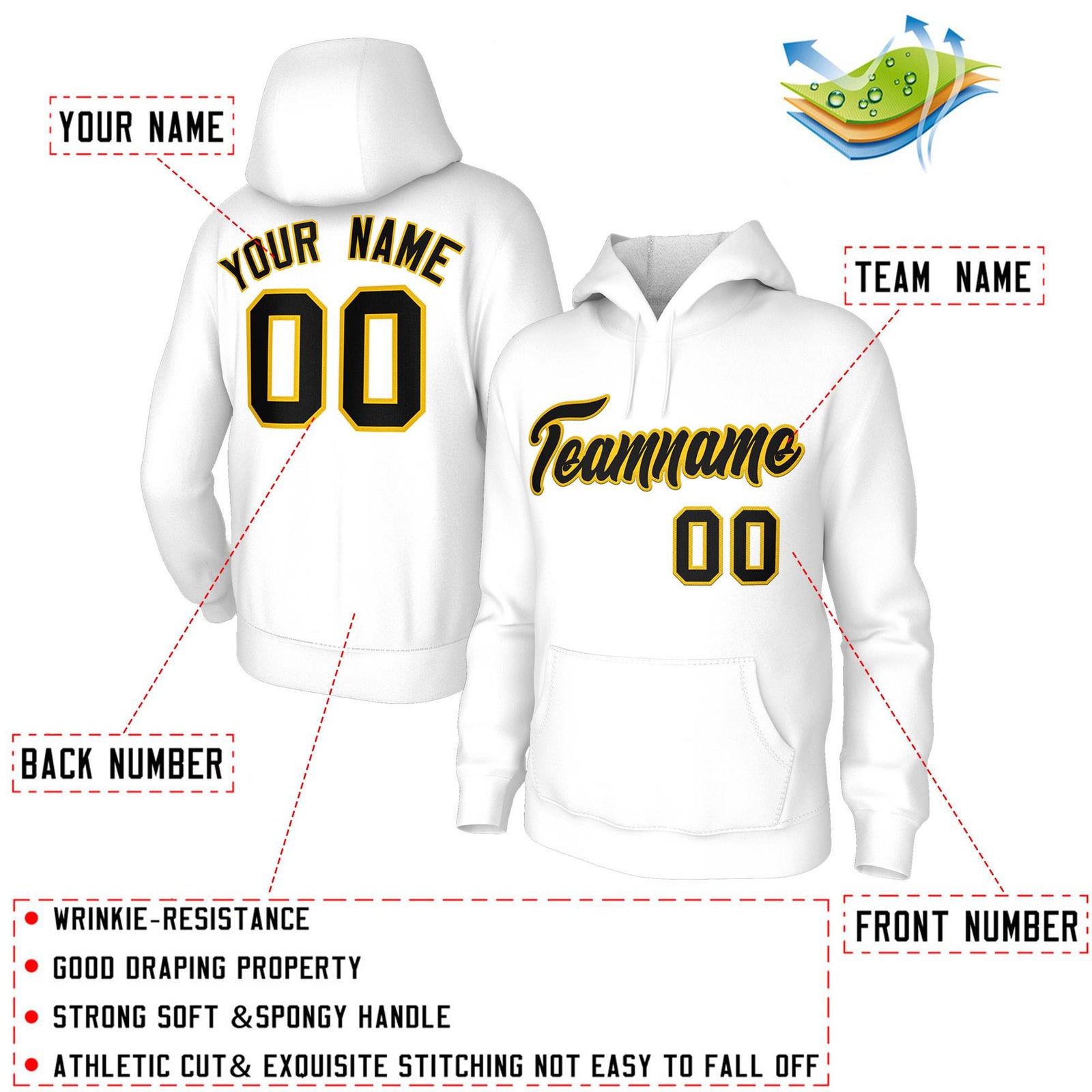 Custom Stitched White Black-Yellow Classic Style Sweatshirt Pullover Hoodie