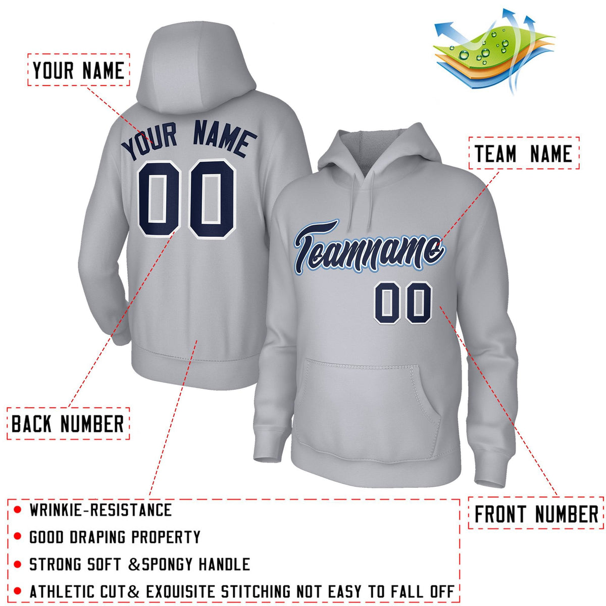 Custom Stitched Gray Navy-White Classic Style Sweatshirt Pullover Hoodie