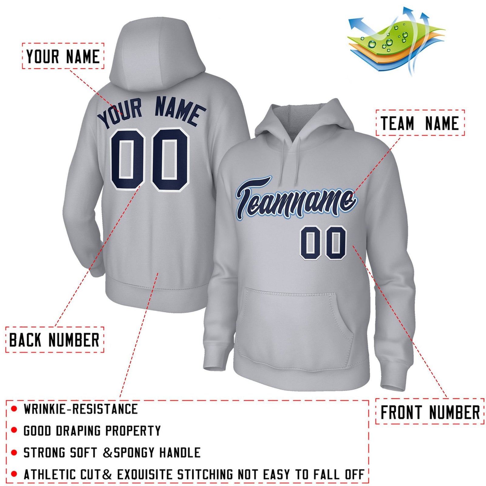 Custom Stitched Gray Navy-White Classic Style Sweatshirt Pullover Hoodie