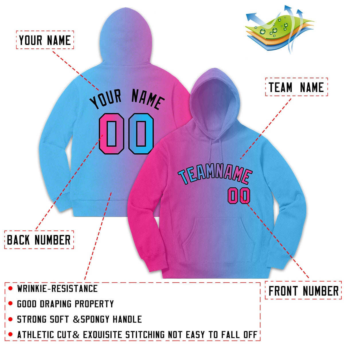 Custom Pink Light Blue Gradient Fashion Casual Pullover Sweatshirt Hoodie