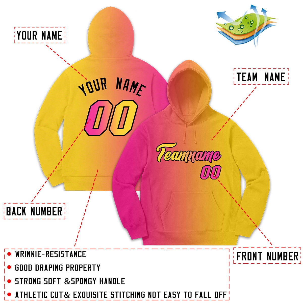 Custom Pink Yellow Gradient Fashion Casual Pullover Sweatshirt Hoodie