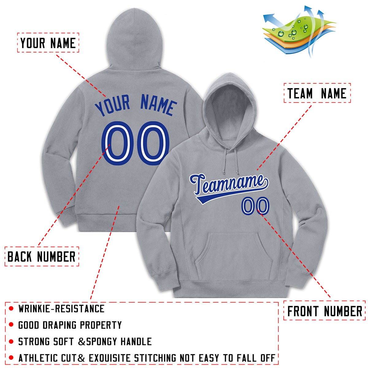 Custom Gray Royal-White Classic Style Sweatshirt Fashion Hoodie Uniform