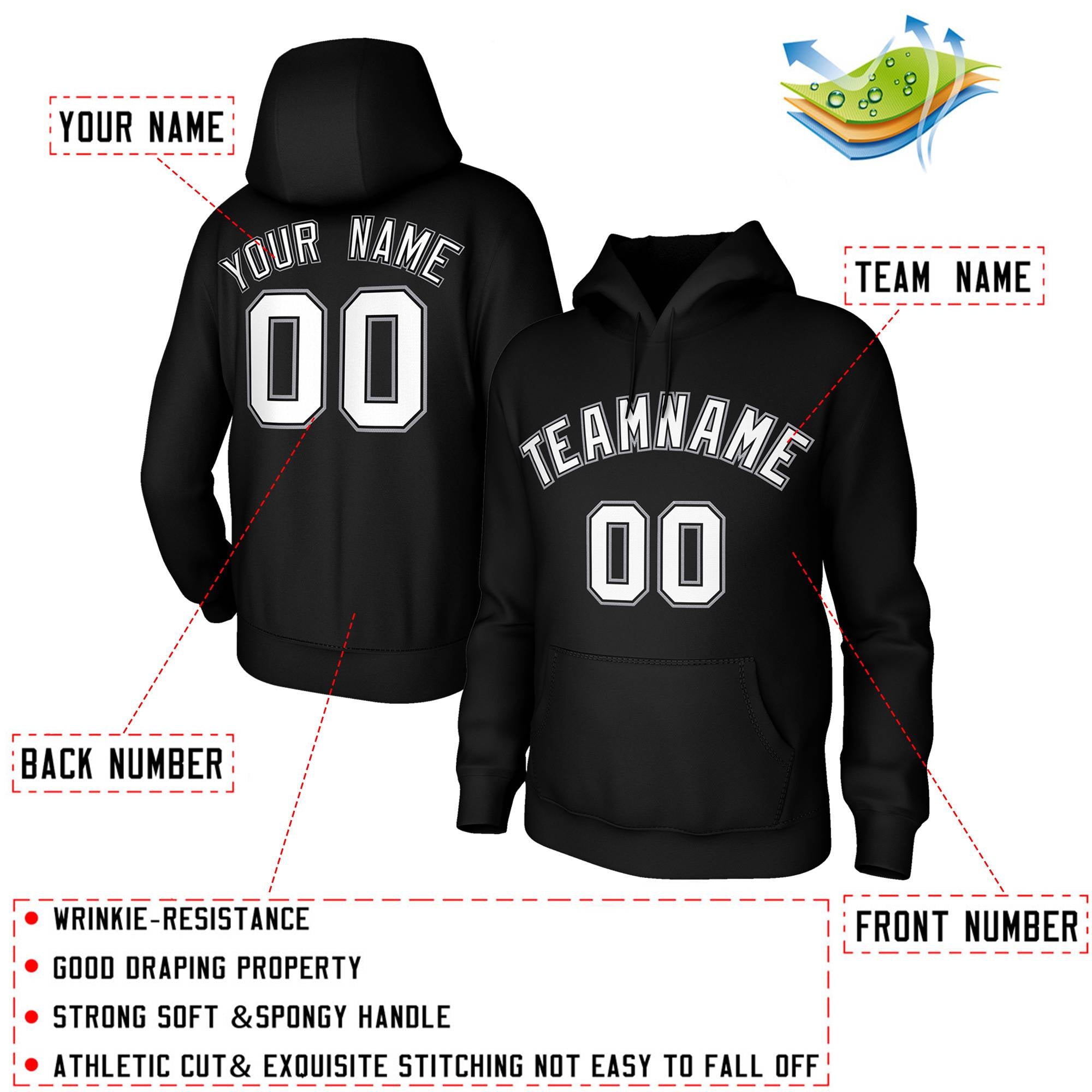 Custom Stitched Black White-Gray Classic Style Sweatshirt Pullover Hoodie