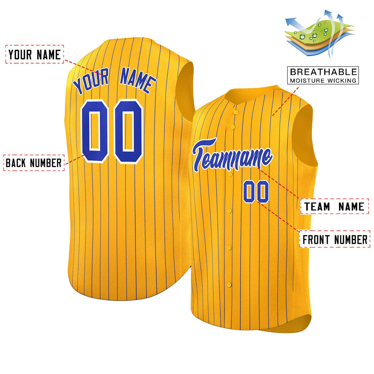 Custom Gold Royal-White Sleeveless Stripe Fashion Baseball Jersey