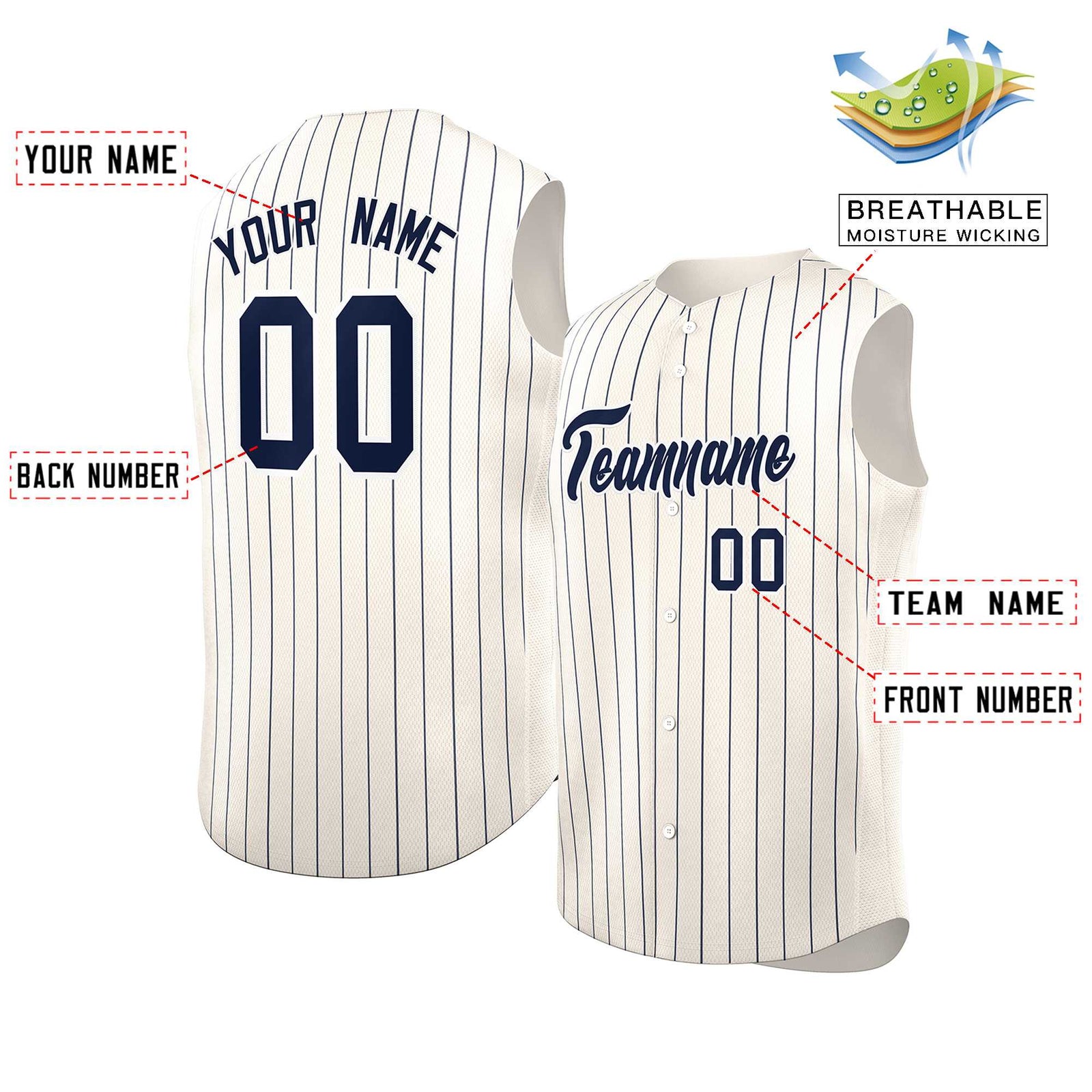 Custom Cream Navy-White Sleeveless Stripe Fashion Baseball Jersey
