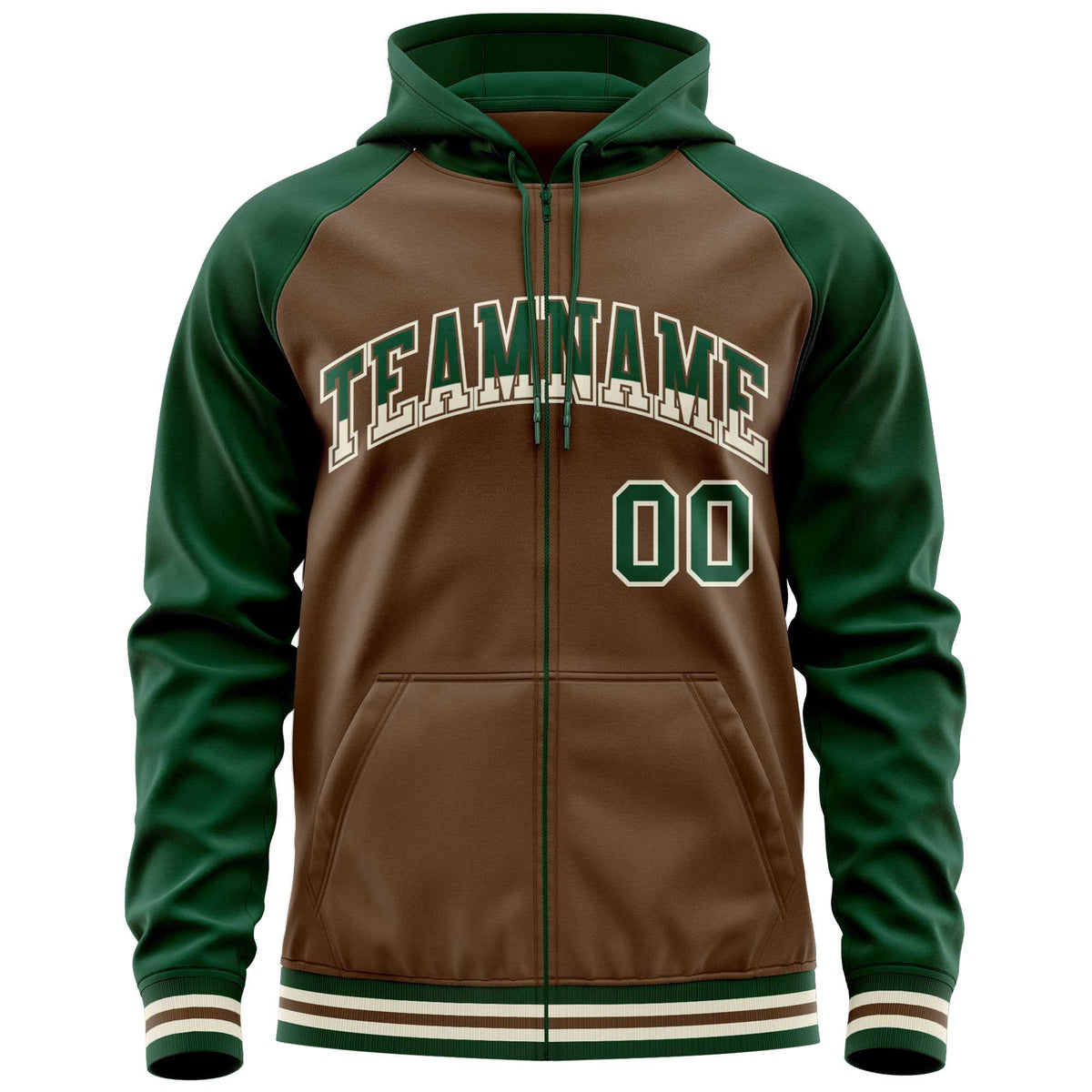 Custom Stitched Light Brown Green Raglan Sleeves Sports Full-Zip Sweatshirt Hoodie