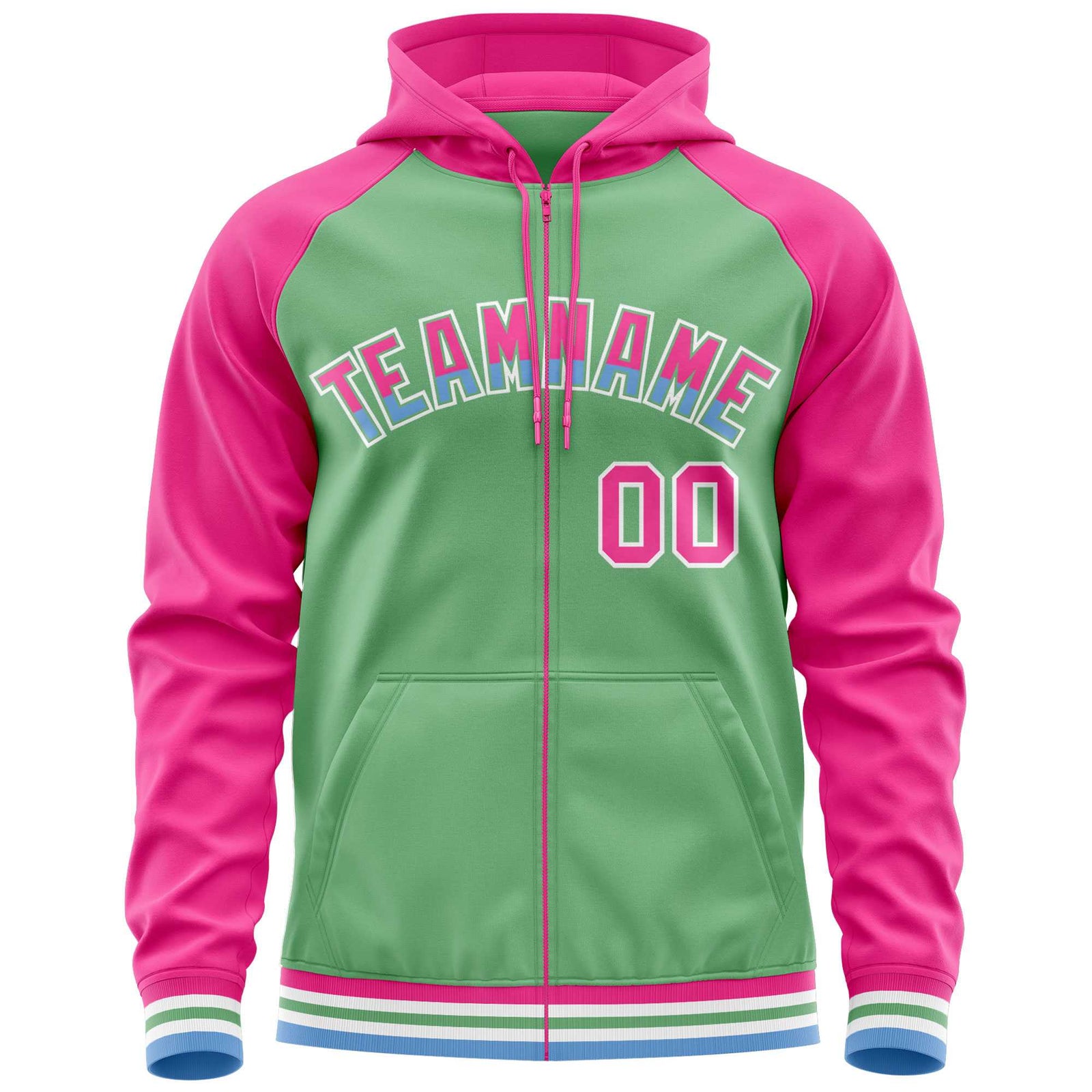 Custom Stitched Green Pink Raglan Sleeves Sports Full-Zip Sweatshirt Hoodie