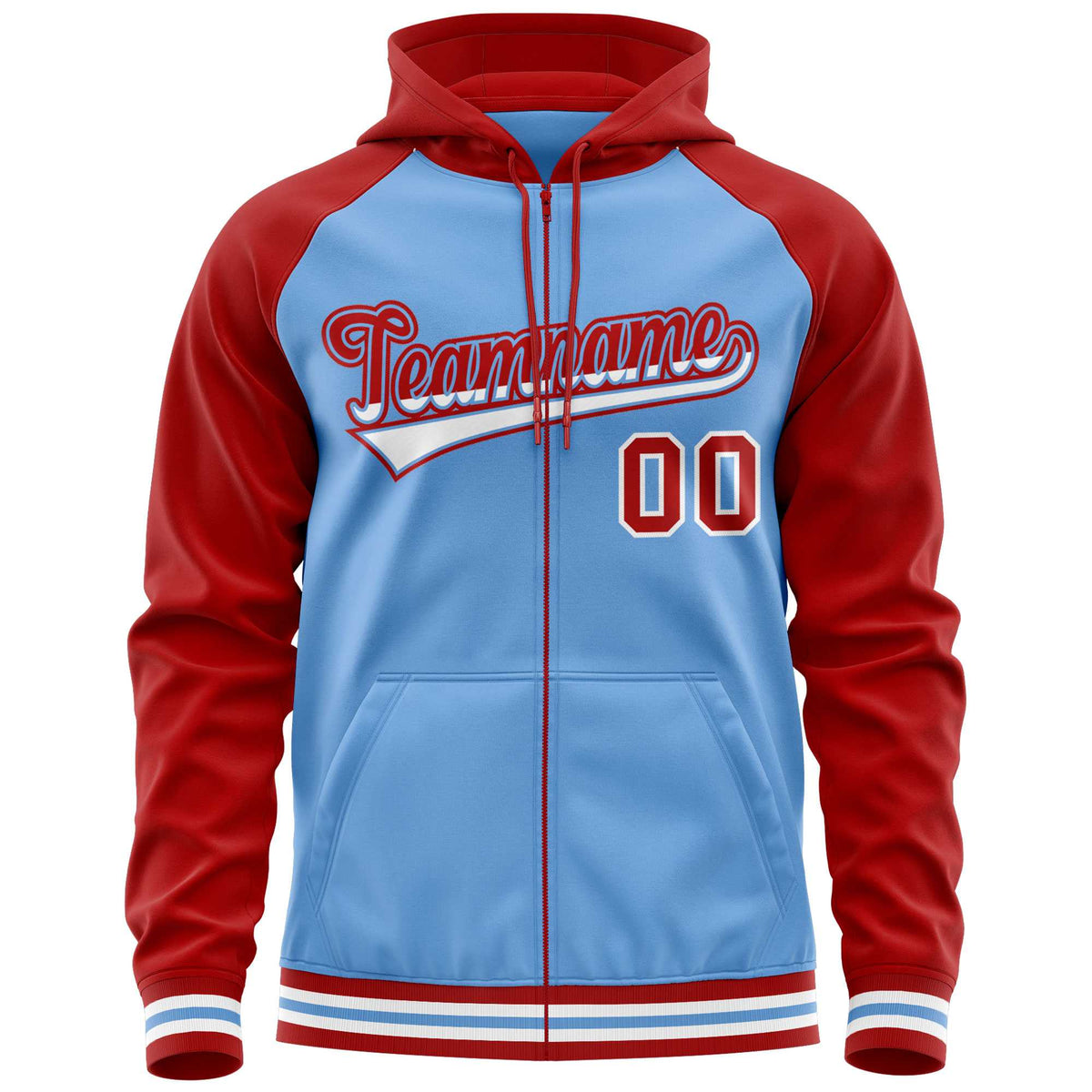 Custom Stitched Powder Blue Red Raglan Sleeves Sports Full-Zip Sweatshirt Hoodie