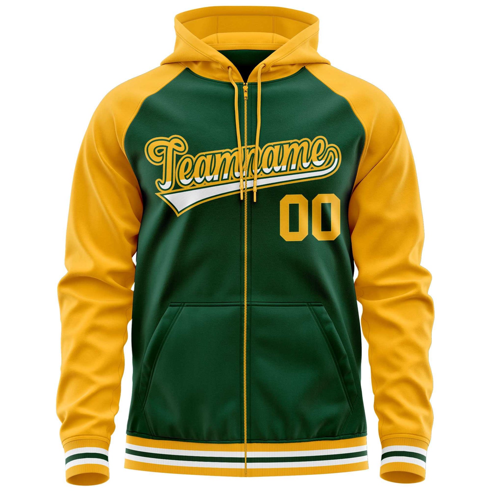 Custom Stitched Green Yellow Raglan Sleeves Sports Full-Zip Sweatshirt Hoodie