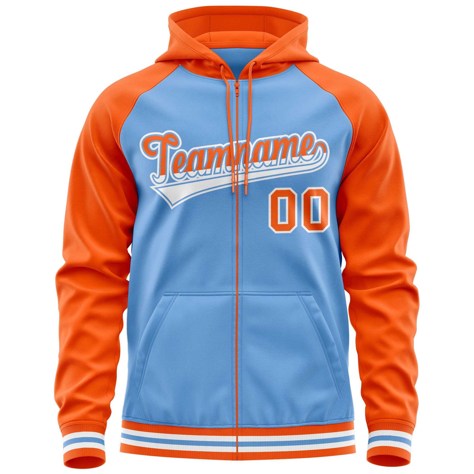 Custom Stitched Powder Blue Orange Raglan Sleeves Sports Full-Zip Sweatshirt Hoodie