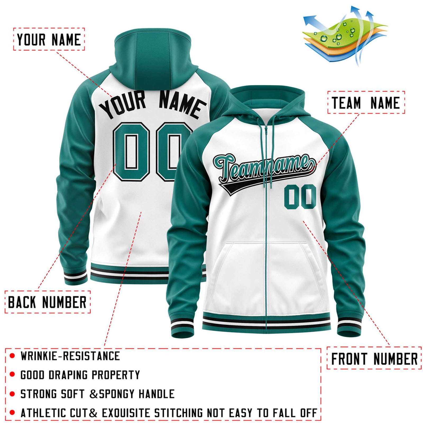 Custom Stitched White Aqua Raglan Sleeves Sports Full-Zip Sweatshirt Hoodie