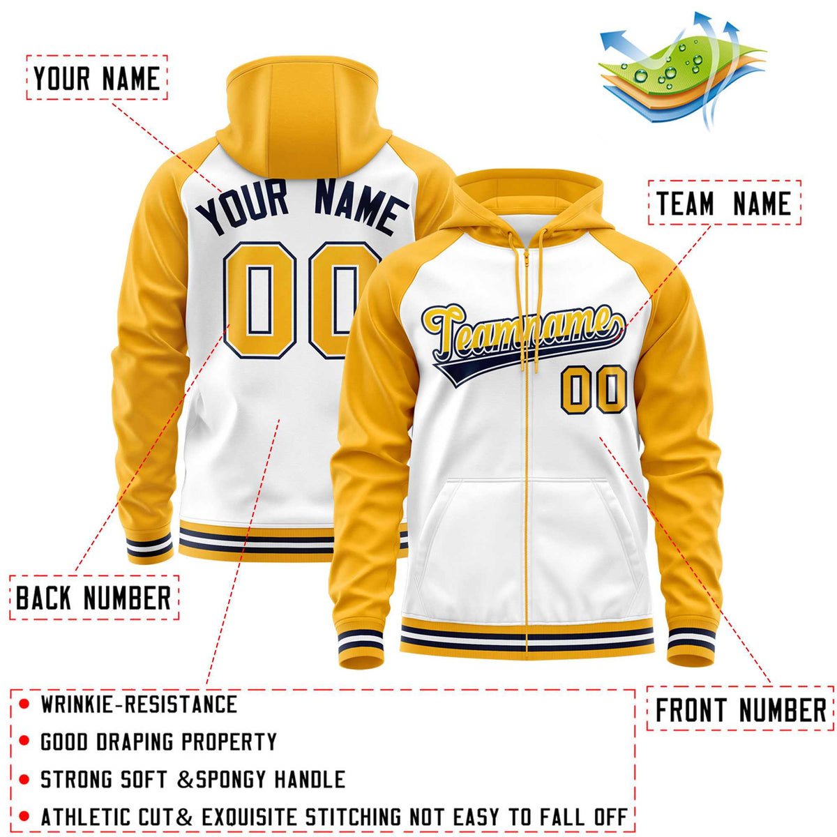 Custom Stitched White Yellow Raglan Sleeves Sports Full-Zip Sweatshirt Hoodie