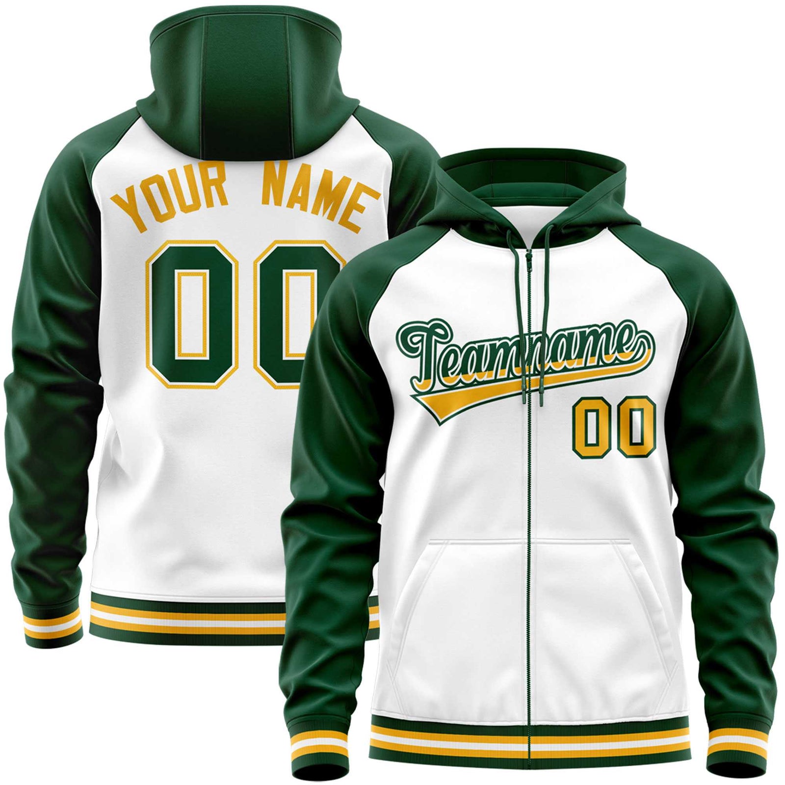 Custom Stitched White Green Raglan Sleeves Sports Full-Zip Sweatshirt Hoodie