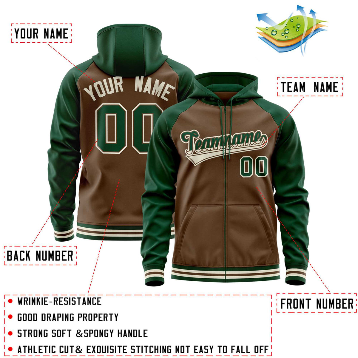 Custom Stitched Light Brown Green Raglan Sleeves Sports Full-Zip Sweatshirt Hoodie