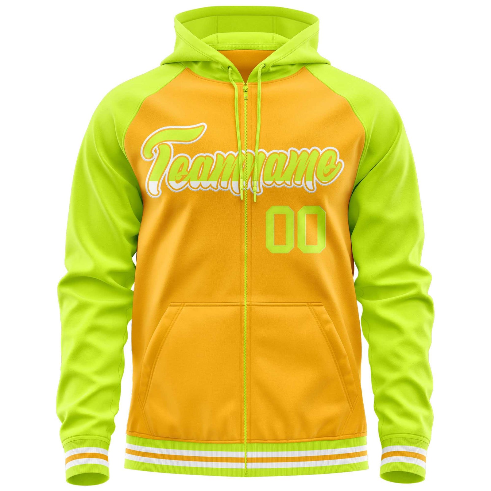 Custom Stitched Yellow Neon Green Raglan Sleeves Sports Full-Zip Sweatshirt Hoodie