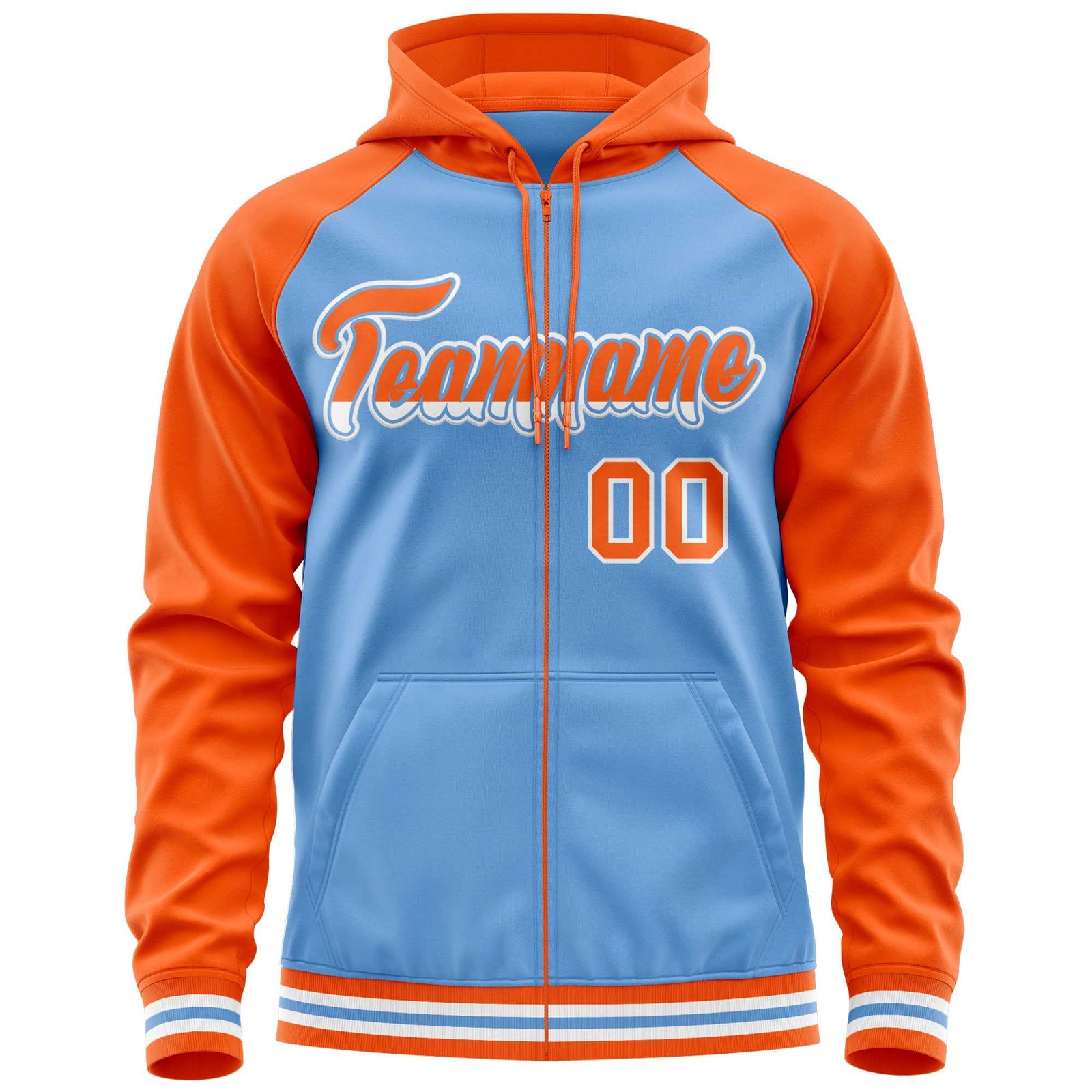 Custom Stitched Powder Blue Orange Raglan Sleeves Sports Full-Zip Sweatshirt Hoodie