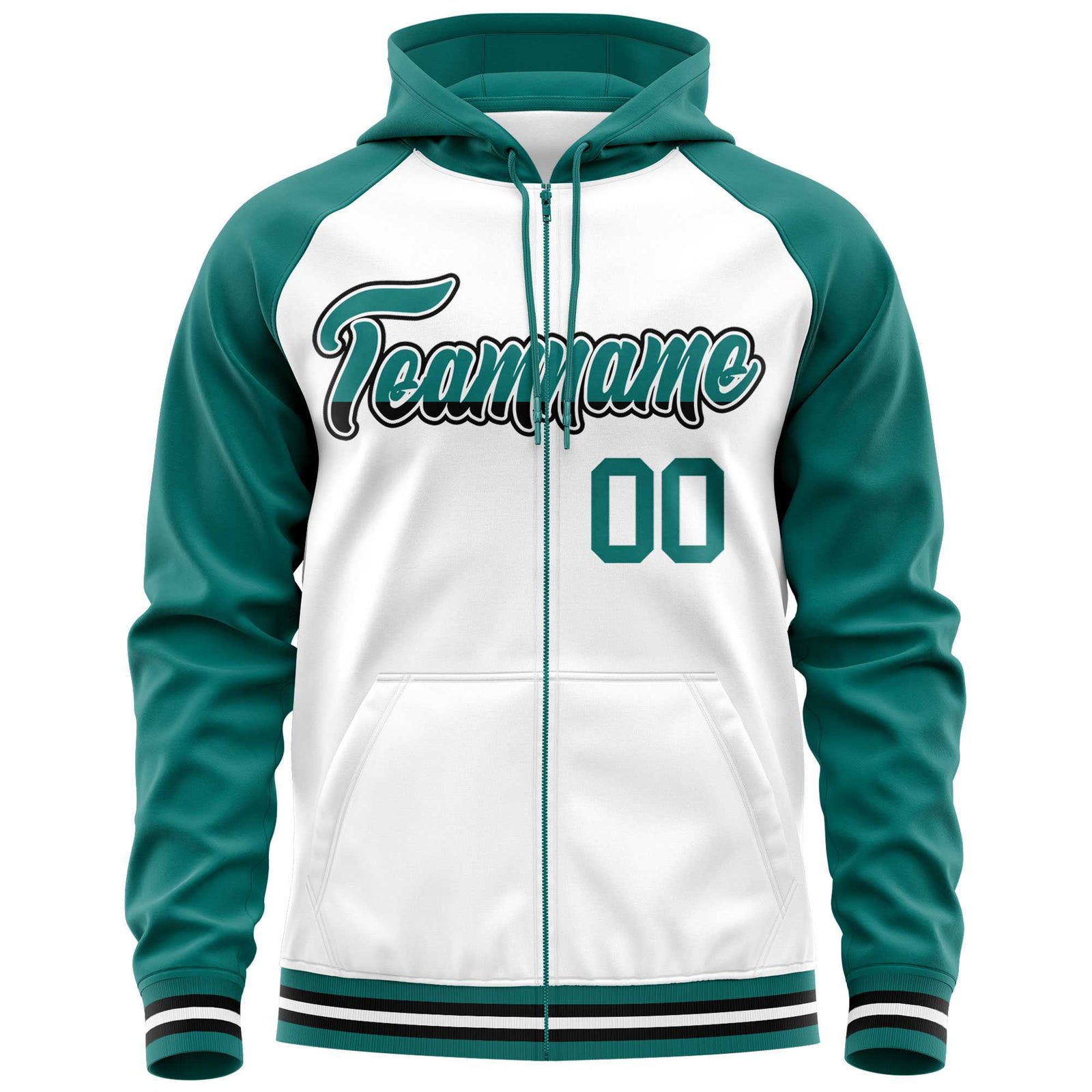 Custom Stitched White Aqua Raglan Sleeves Sports Full-Zip Sweatshirt Hoodie