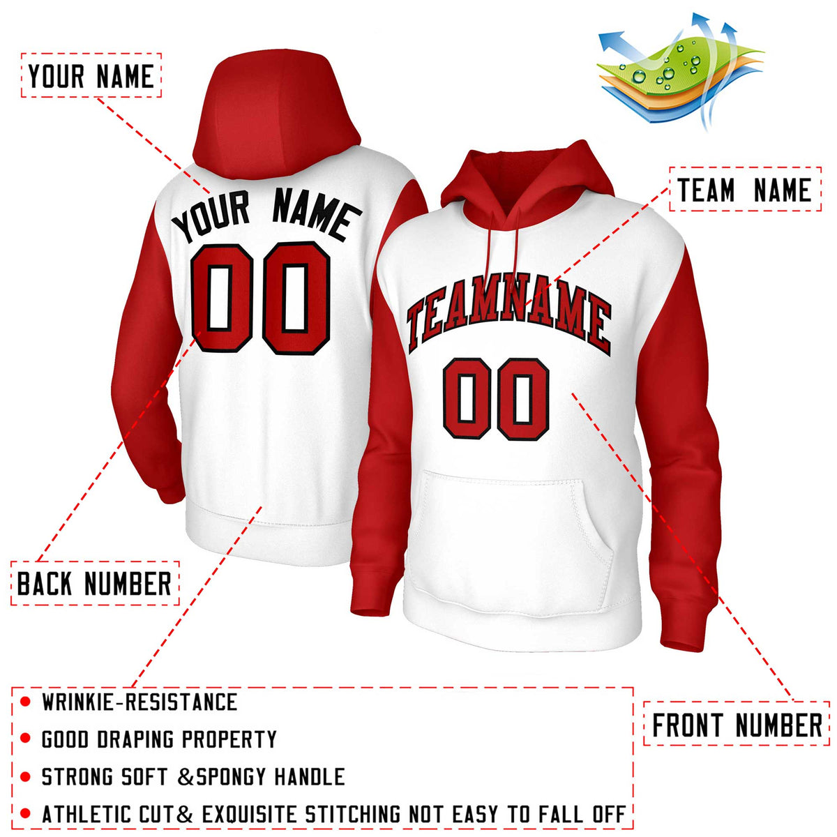 Custom White Red-Black Raglan Sleeves Stitched Sportwear Pullover Hoodie