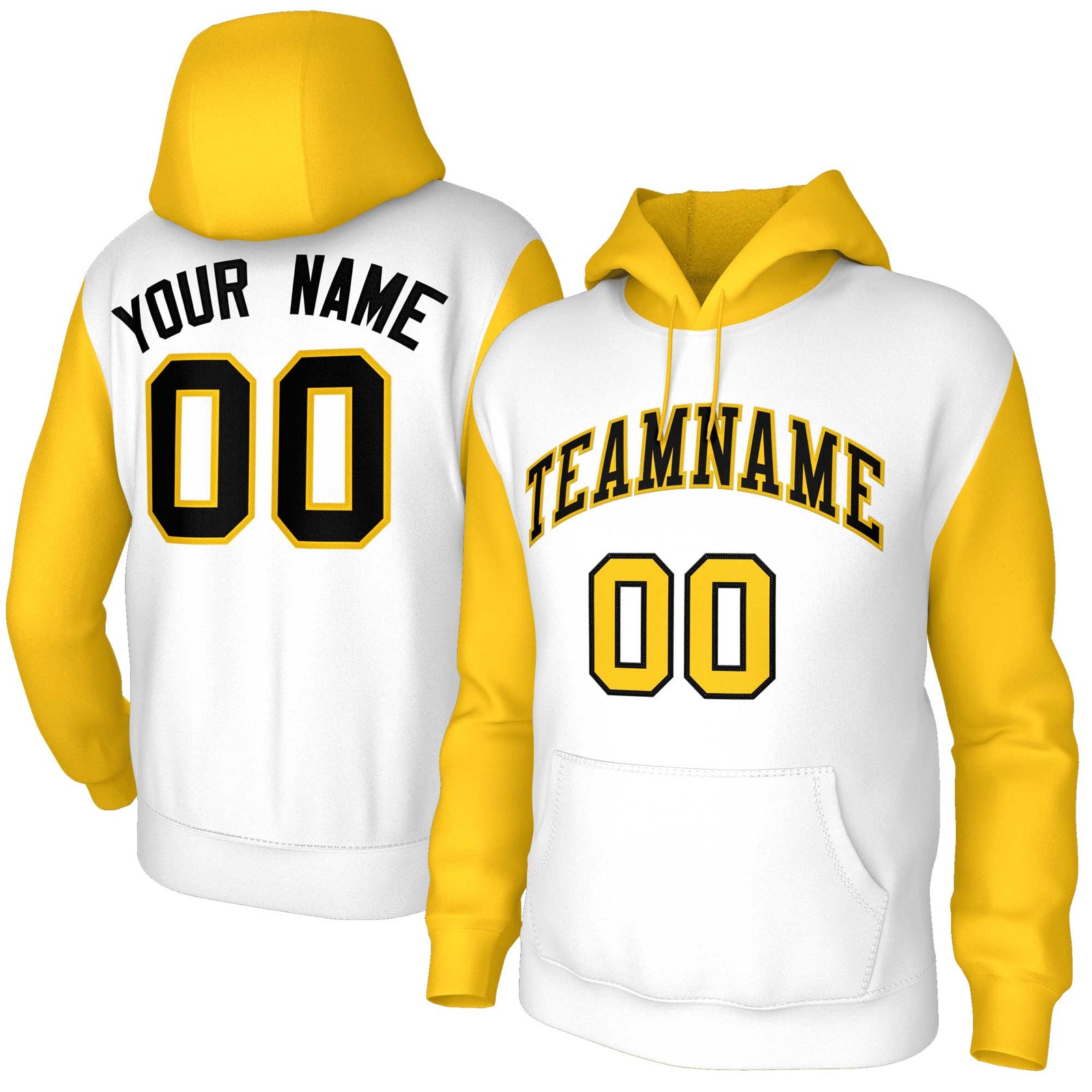 Custom White Black-Gold Raglan Sleeves Stitched Sportwear Pullover Hoodie