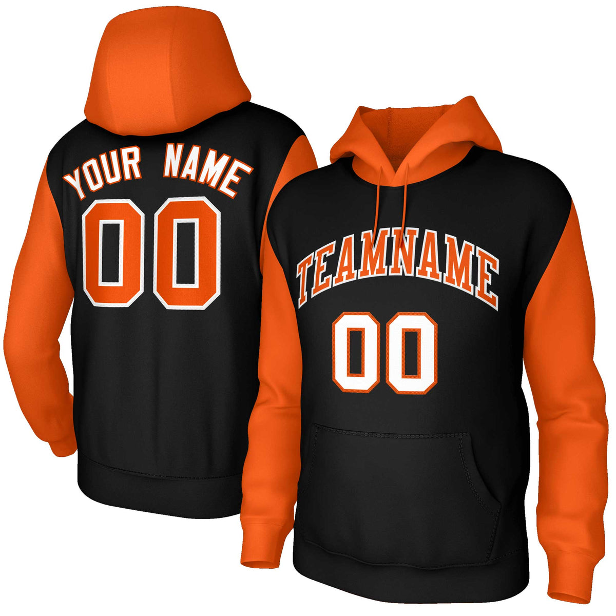 Custom Black Orange-White Raglan Sleeves Stitched Sportwear Pullover Hoodie