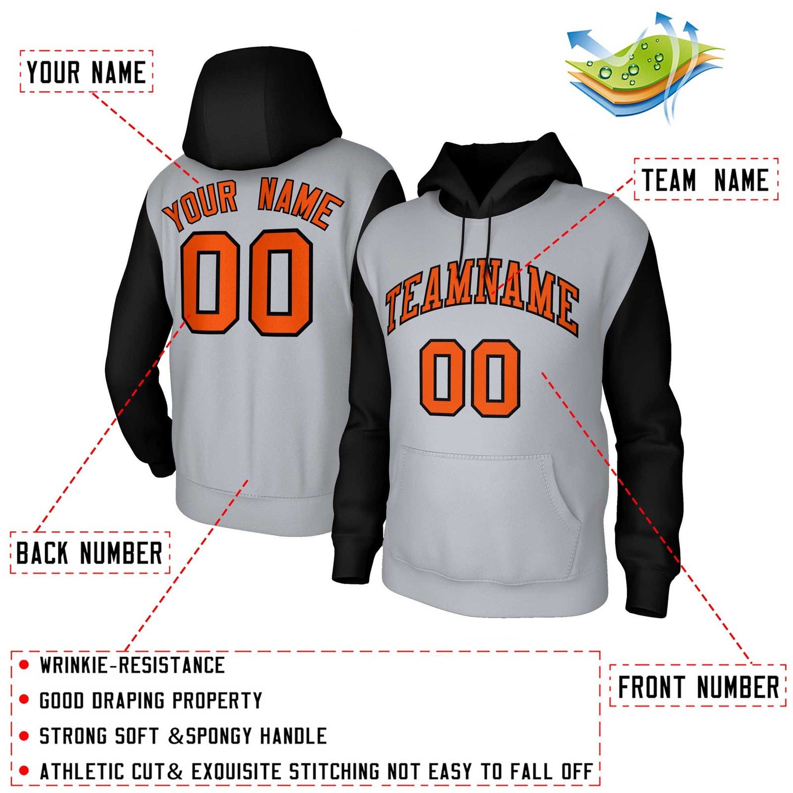 Custom Gray Orange-Black Raglan Sleeves Stitched Sportwear Pullover Hoodie
