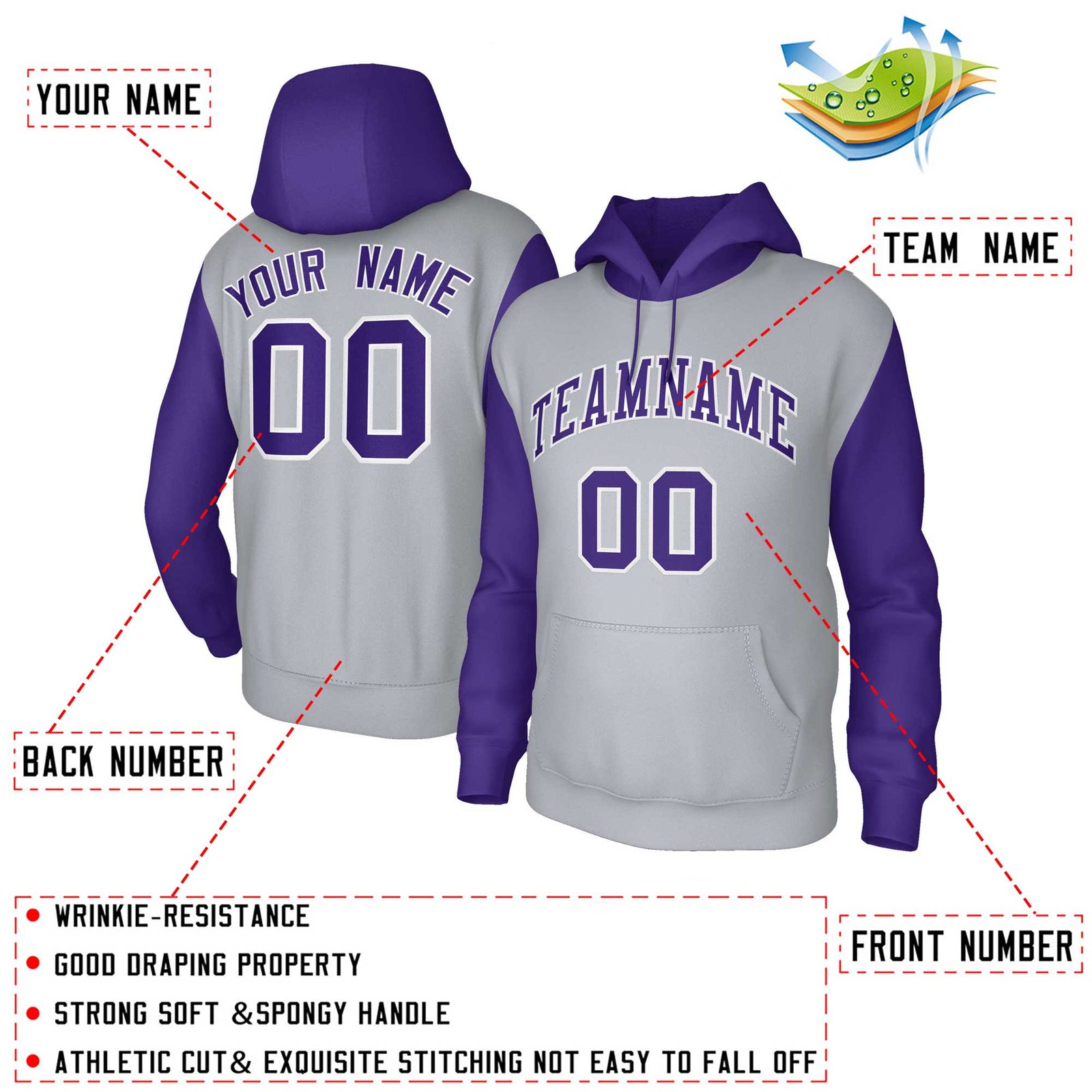 Custom Gray Purple-White Raglan Sleeves Stitched Sportwear Pullover Hoodie
