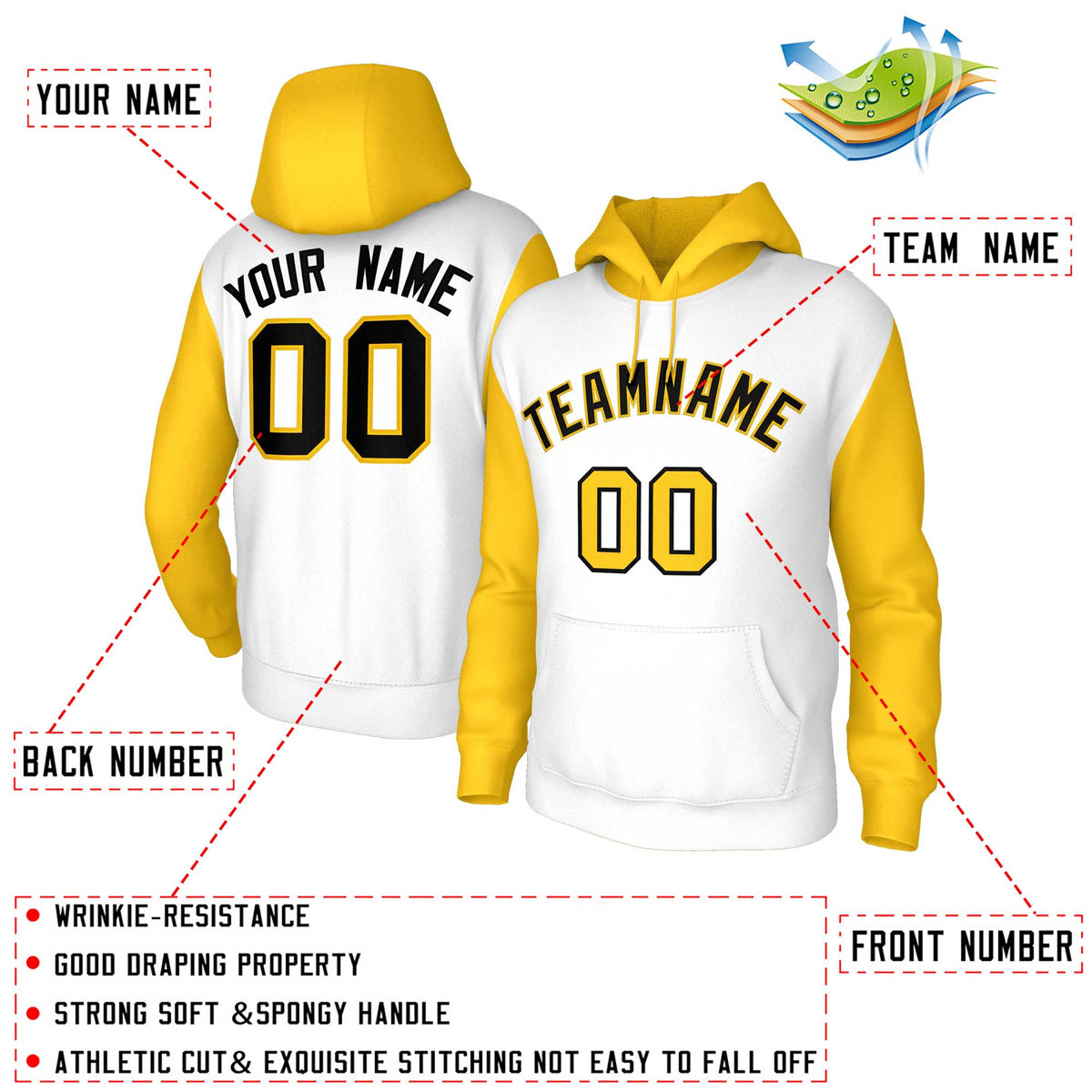 Custom White Black-Gold Raglan Sleeves Stitched Sportwear Pullover Hoodie