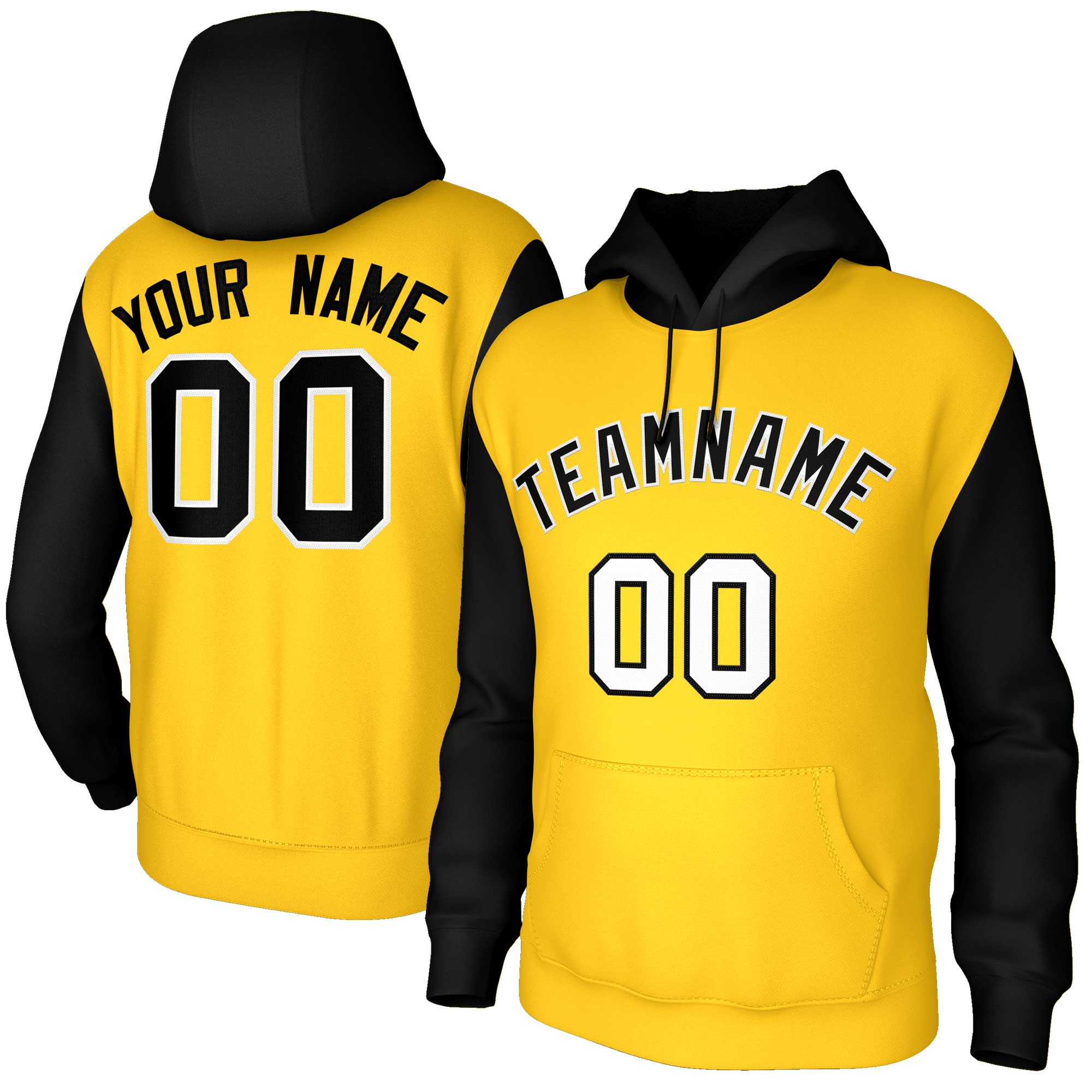 Custom Gold Black-White Raglan Sleeves Stitched Sportwear Pullover Hoodie