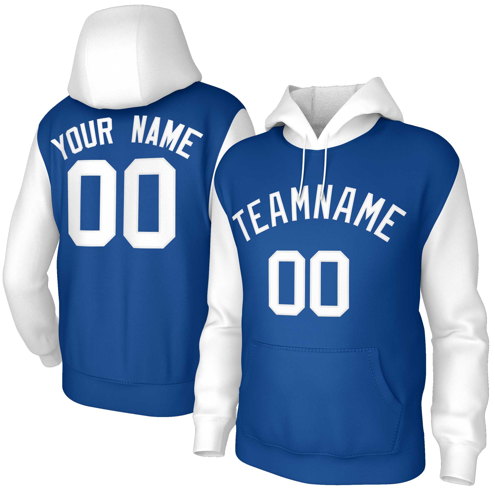 Custom Royal White-Raglan Sleeves Stitched Sportwear Pullover Hoodie