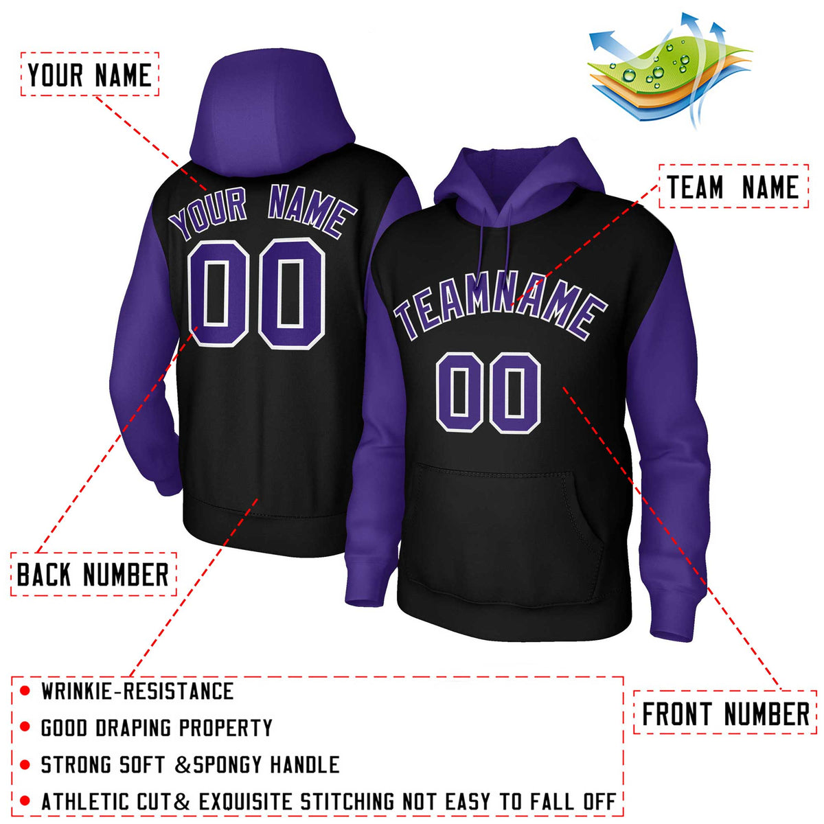 Custom Black Purple-White Raglan Sleeves Stitched Sportwear Pullover Hoodie