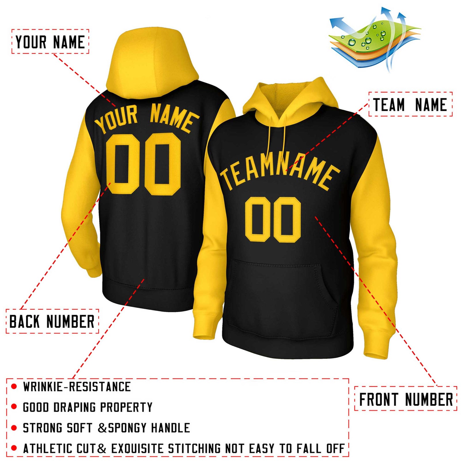 Custom Black Gold-Raglan Sleeves Stitched Sportwear Pullover Hoodie