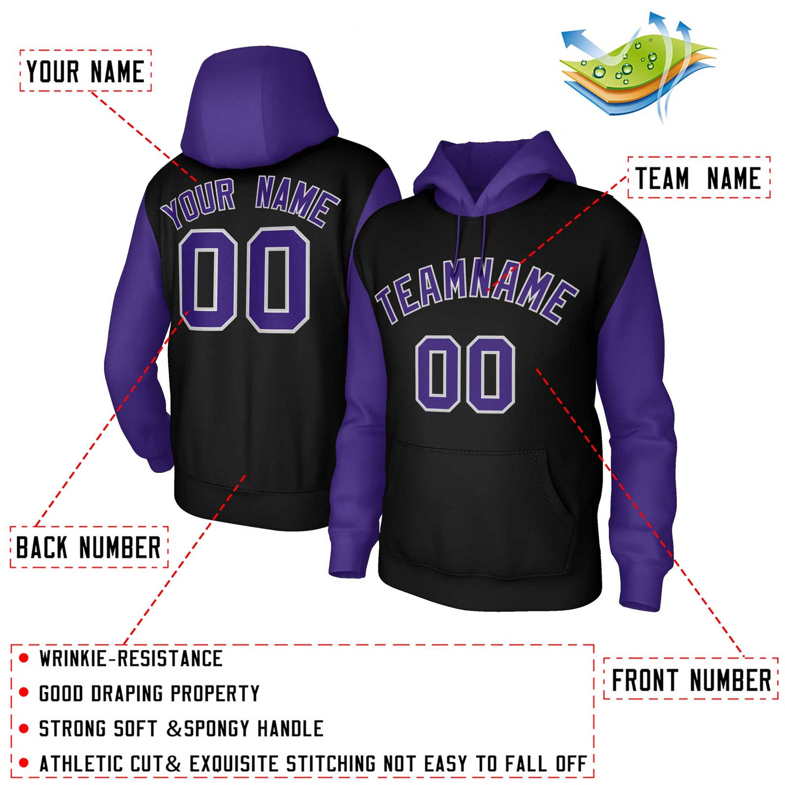 Custom Black Purple-Gray Raglan Sleeves Stitched Sportwear Pullover Hoodie