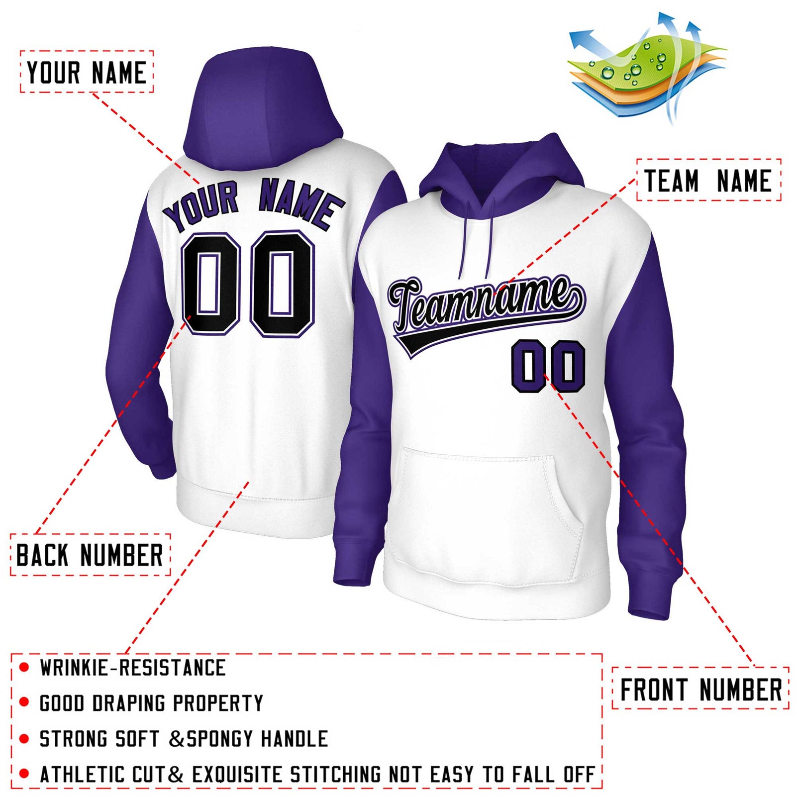 Custom White Black-White Raglan Sleeves Stitched Sportwear Pullover Hoodie