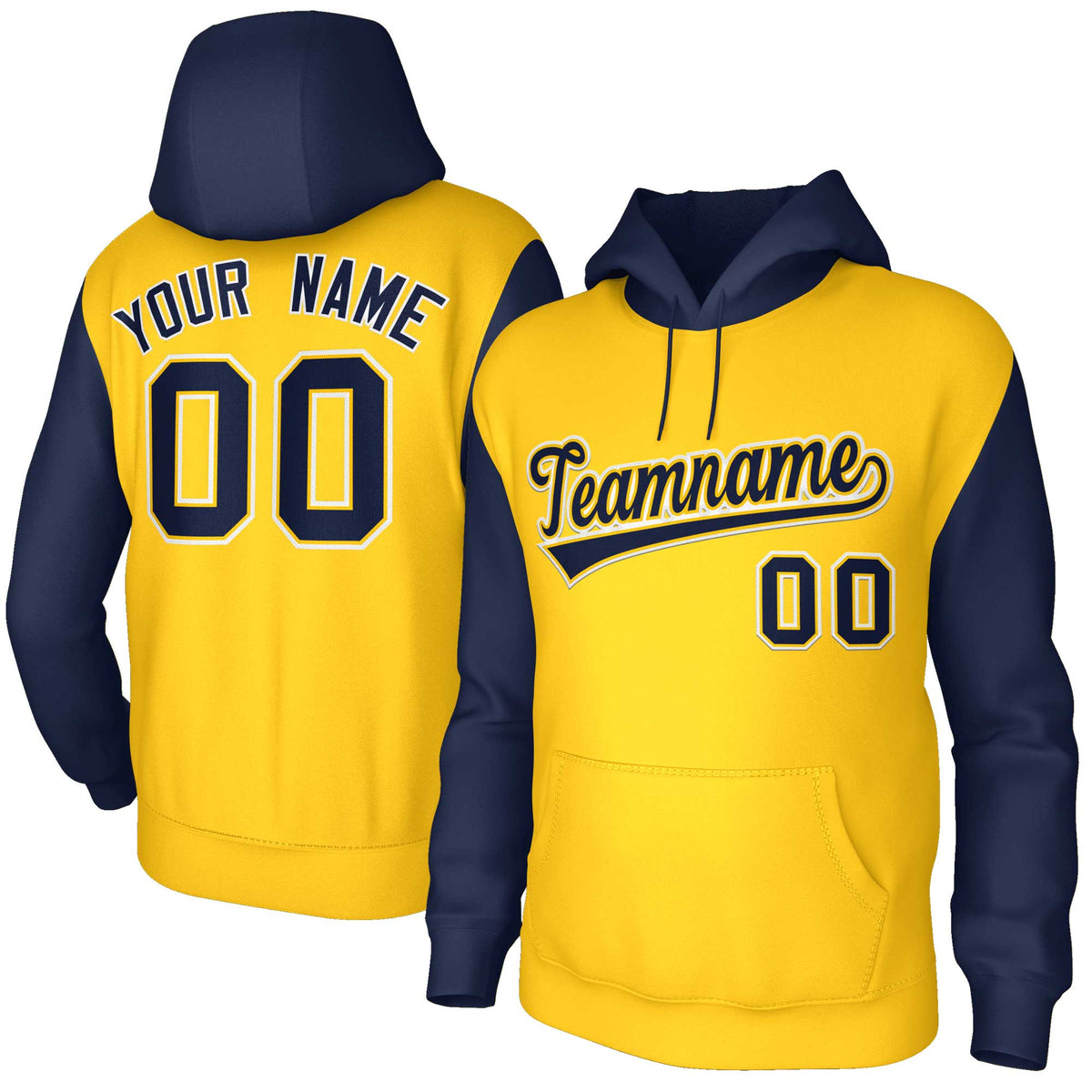 Custom Gold Navy-Gold Raglan Sleeves Stitched Sportwear Pullover Hoodie