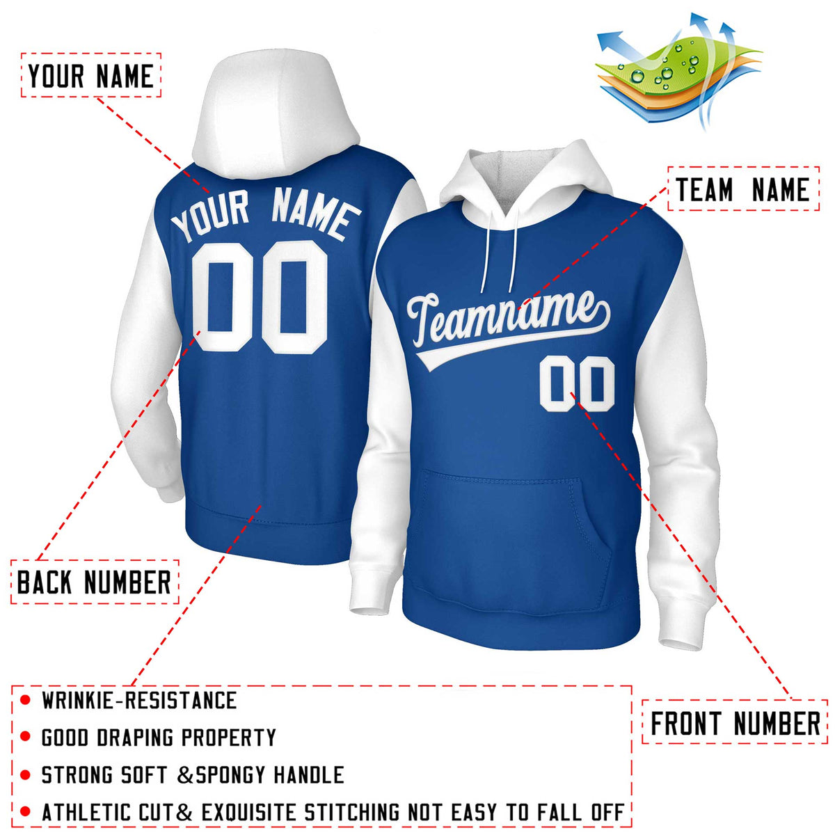 Custom Royal White-Raglan Sleeves Stitched Sportwear Pullover Hoodie