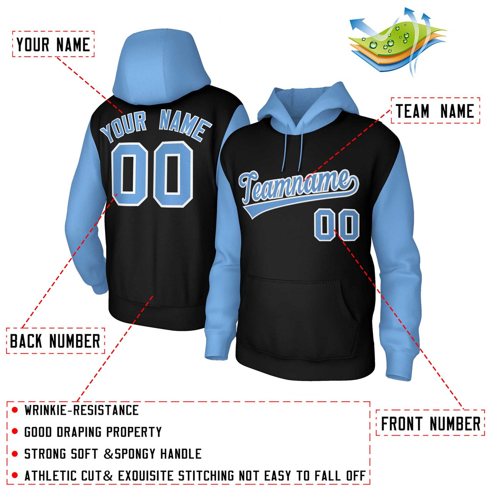 Custom Black Light Blue-White Raglan Sleeves Stitched Sportwear Pullover Hoodie