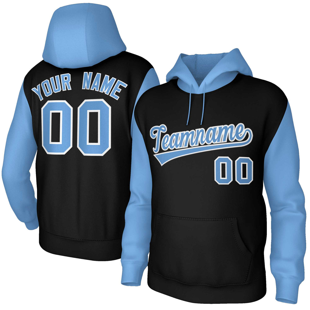 Custom Black Light Blue-White Raglan Sleeves Stitched Sportwear Pullover Hoodie