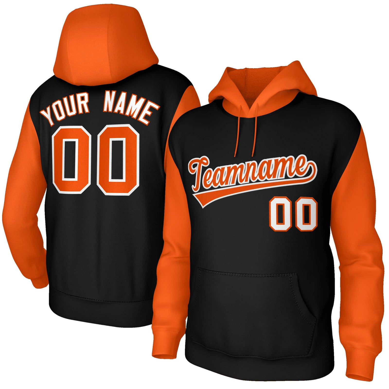 Custom Black Orange-White Raglan Sleeves Stitched Sportwear Pullover Hoodie